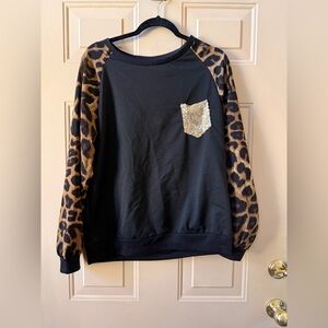 Black and Leopard Print Sweatshirt with Gold Pocket